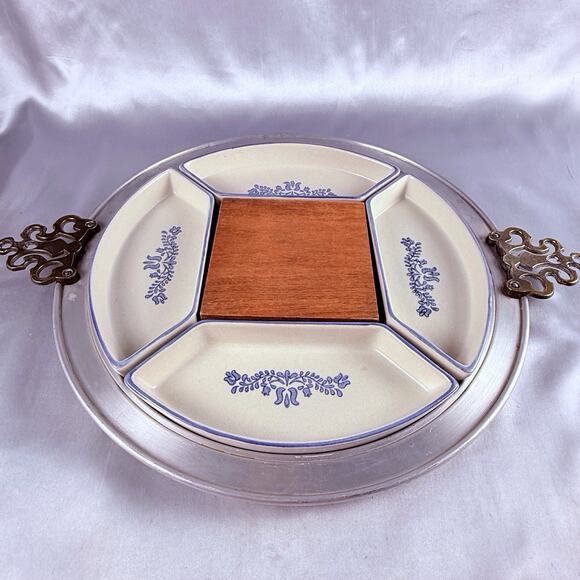 Pfaltzgraff Yorktowne 4 Piece Serving Dishes w/Metal Handled Tray & Wood Block - Picture 2 of 12